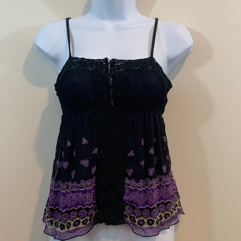 Free People Black and Purple Lace-Trim Spaghetti Strap Tank
